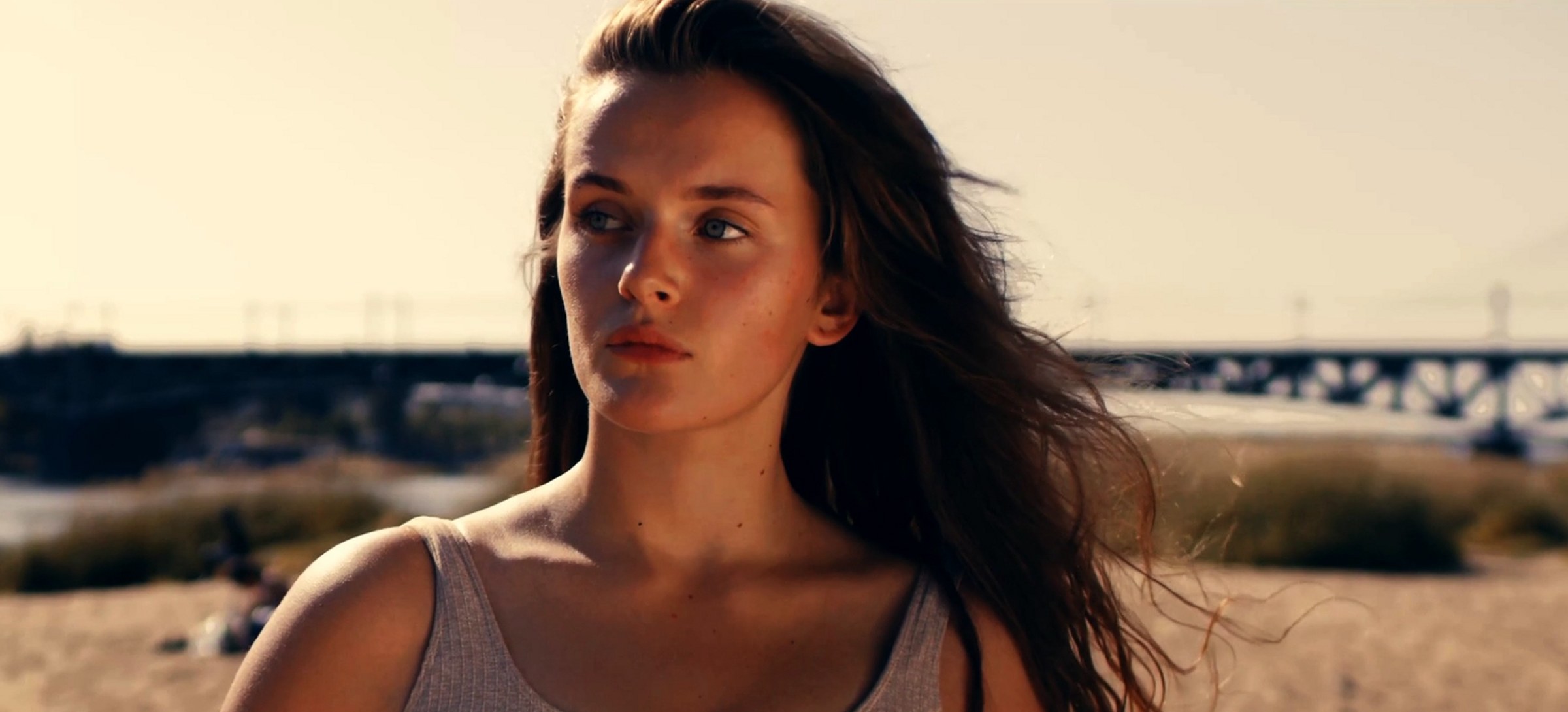 The plate: a woman with loose hair on a beach